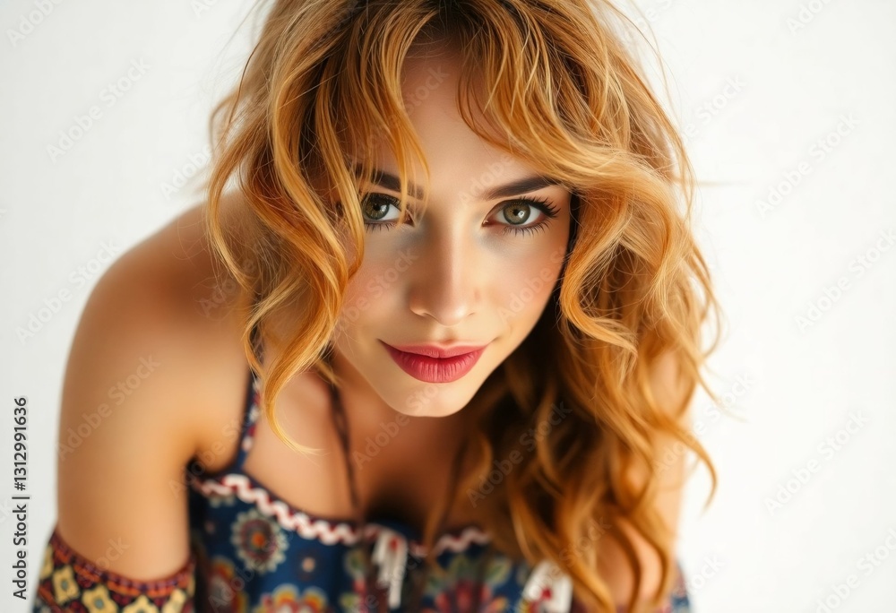 Young Blonde Woman in Floral Off-Shoulder Top Young Blonde Woman in Floral Off-Shoulder Top