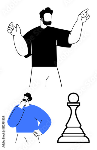 Two figures, one thinking and one pointing upward, accompany a chess pawn symbolizing strategy, planning, leadership, goal setting, teamwork, problem-solving innovation and decision-making. Flat