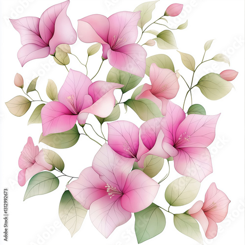 bougainvillea, dense arrangement, high resolution on white background, Watercolor botanical whimsical illustration art style