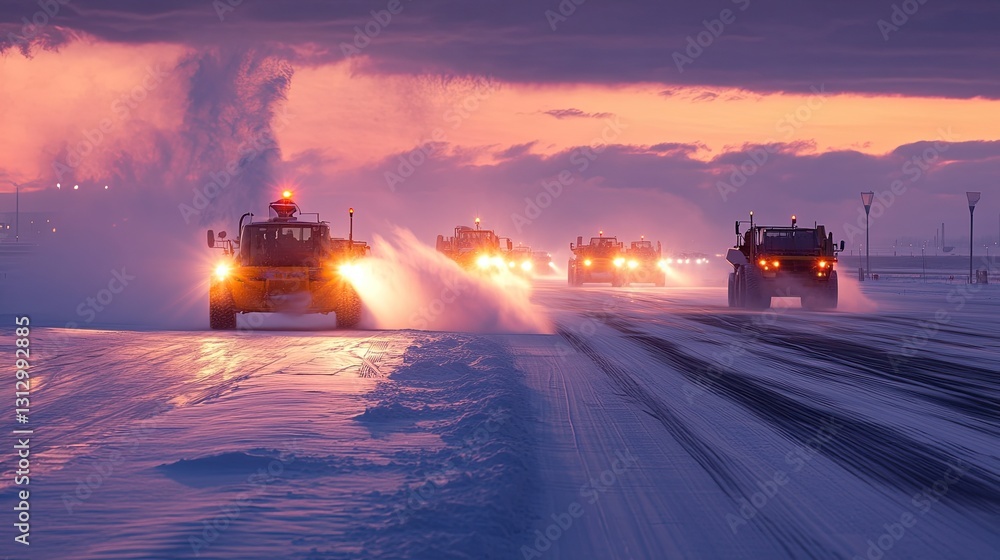 Fototapeta premium Snow Removal Equipment Clearing Roads During Winter Sunset Scene