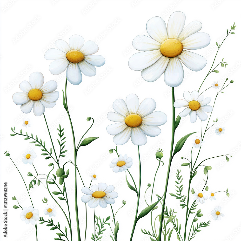 chamomile, dense arrangement, high resolution on white background, Watercolor botanical whimsical illustration art style chamomile, dense arrangement, high resolution on white background, Watercolor botanical whimsical illustration art style