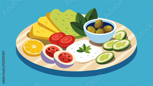 Take a bite of the Mediterranean with the Summer Mezze Snack Board showcasing fresh cucumbers tangy feta cheese zesty olives and warm pita bread all. Vector illustration