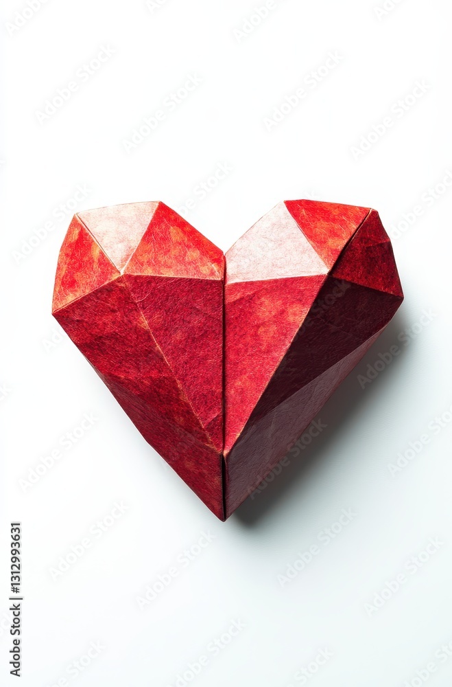 Obraz premium Elegant geometric heart design created with red paper, showcasing artistry in origami, perfect for romantic, love-themed, and creative projects