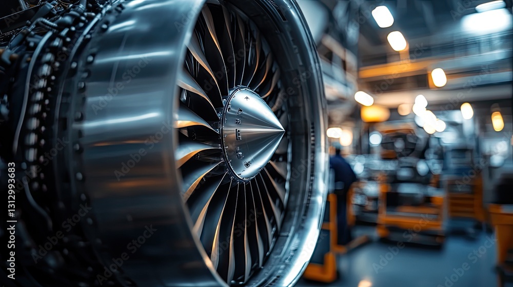 Fototapeta premium Detailed Close-up of a Modern Jet Engine Turbine in Workshop Setting