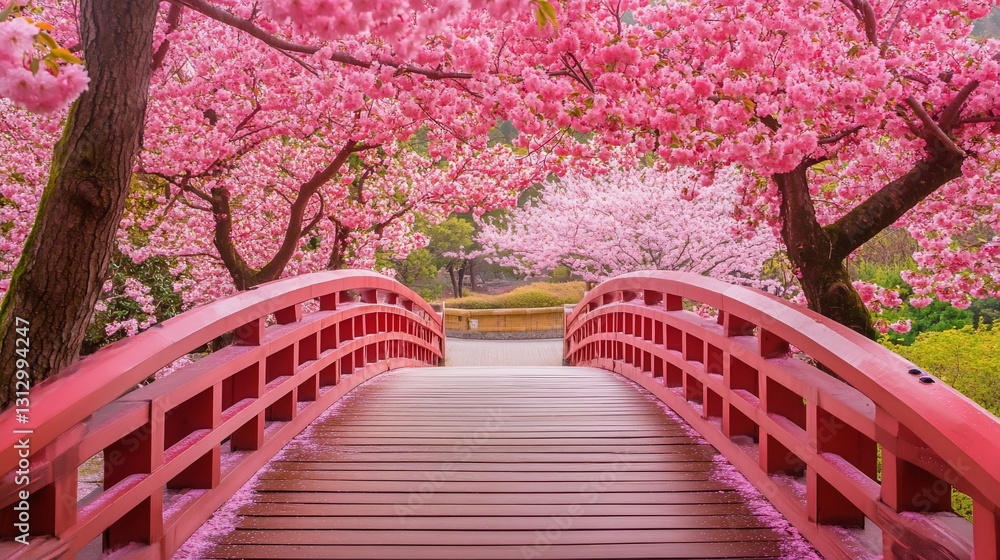 Crimson Bridge Amidst Cherry Blossoms: A Japanese Springtime Serenity Crimson Bridge Amidst Cherry Blossoms: A Japanese Springtime Serenity
