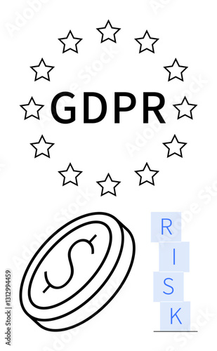 Stars encircle GDPR text above a coin and stacked risk blocks. Ideal for governance, finance, privacy, cybersecurity, laws, compliance, modern responsibility, abstract line flat metaphor