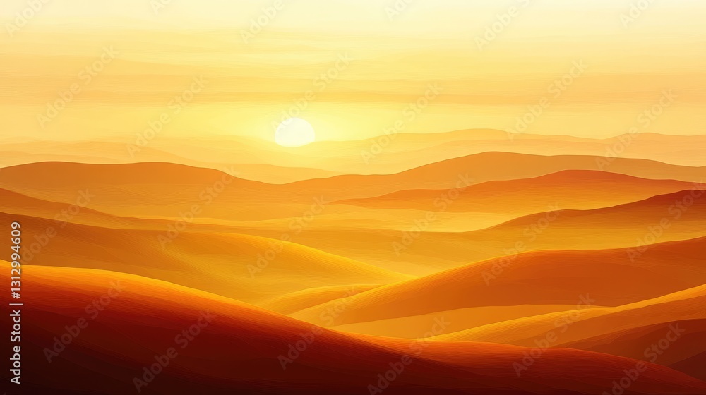 Golden Sunset Over Rolling Sand Dunes in a Tranquil Desert Landscape at Dusk Golden Sunset Over Rolling Sand Dunes in a Tranquil Desert Landscape at Dusk