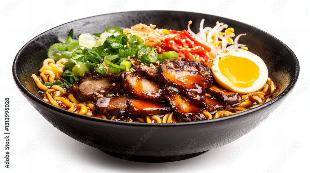 Delicious ramen bowl with noodles, pork, egg, and vegetables. A savory and flavorful Asian dish. Delicious ramen bowl with noodles, pork, egg, and vegetables. A savory and flavorful Asian dish.