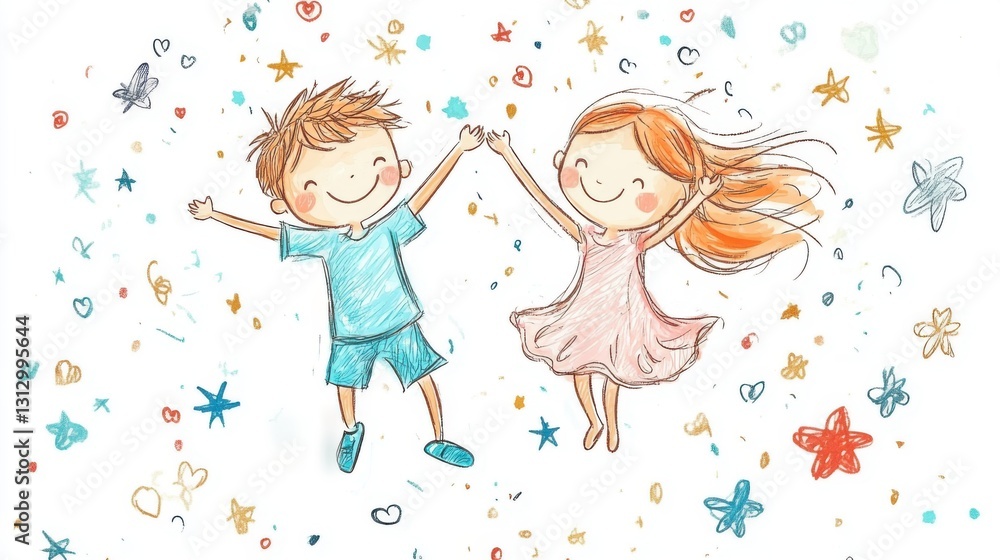 Happy Children Jumping Together with Colorful Stars and Confetti Happy Children Jumping Together with Colorful Stars and Confetti