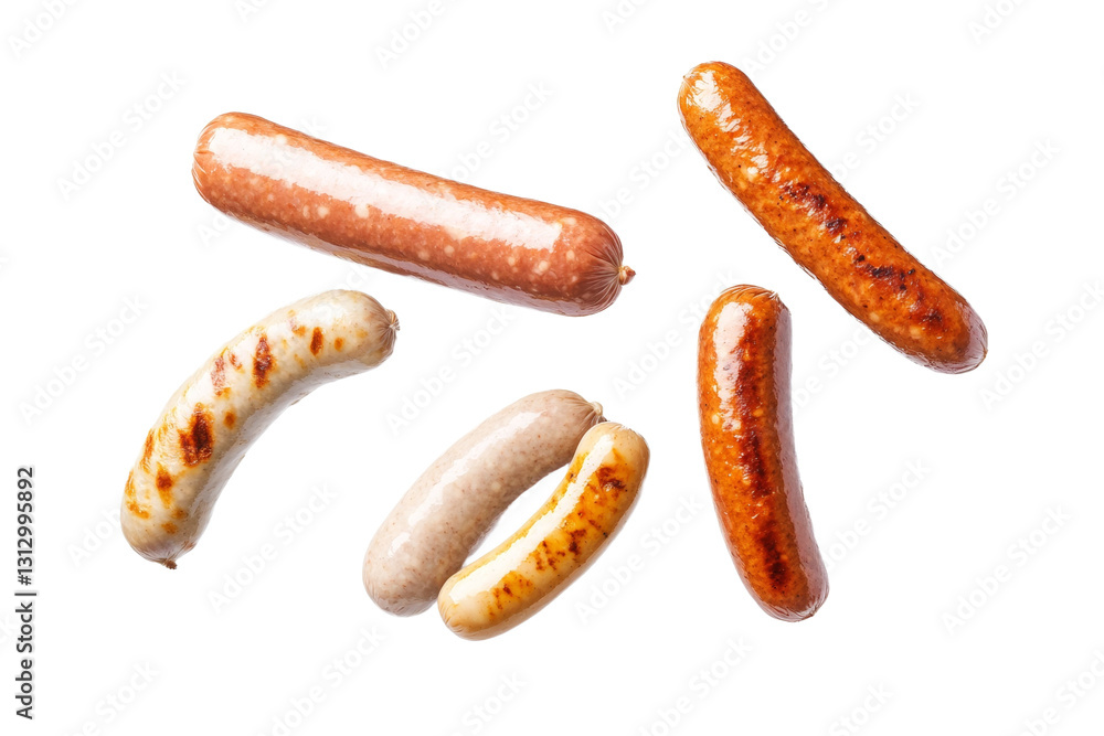 Close up of several hot dogs, including a white hot dog, a yellow hot dog, isolated Close up of several hot dogs, including a white hot dog, a yellow hot dog, isolated