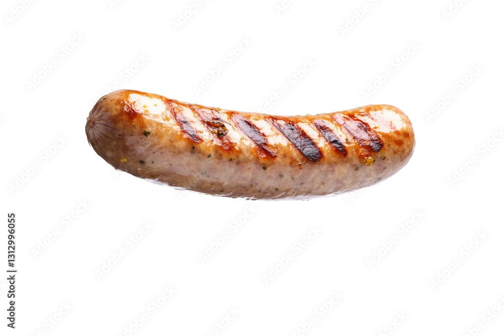 Hot dog is grilled and has a lot of seasoning on it, isolated