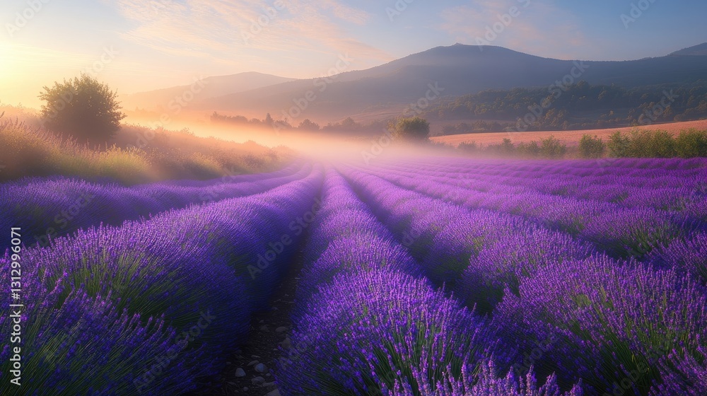 Fototapeta premium Enchanting Lavender Field at Sunrise with Hills in the Background and Soft Mist Creating a Dreamy Atmosphere