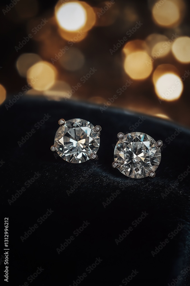 A set of diamond earrings placed on a black velvet cushion, with a focused light source creating brilliant reflections on the gemstones. A set of diamond earrings placed on a black velvet cushion, with a focused light source creating brilliant reflections on the gemstones.