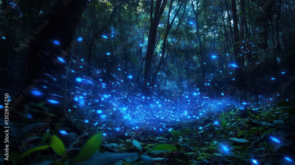 Firefly magic in dark forest at night Firefly magic in dark forest at night