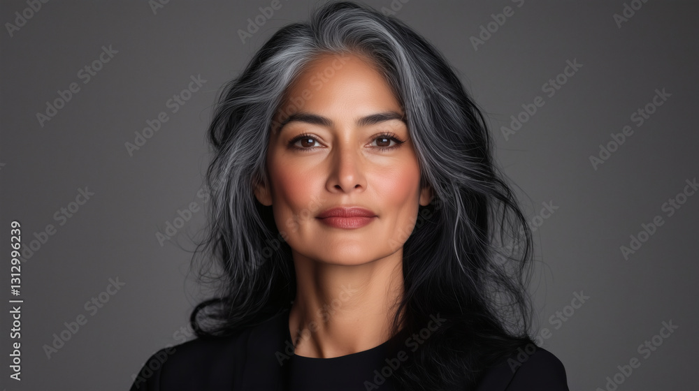 Fototapeta premium A mature woman stands confidently, showcasing her long grey hair and relaxed demeanor, set against a soft, neutral background, highlighting her poise and elegance