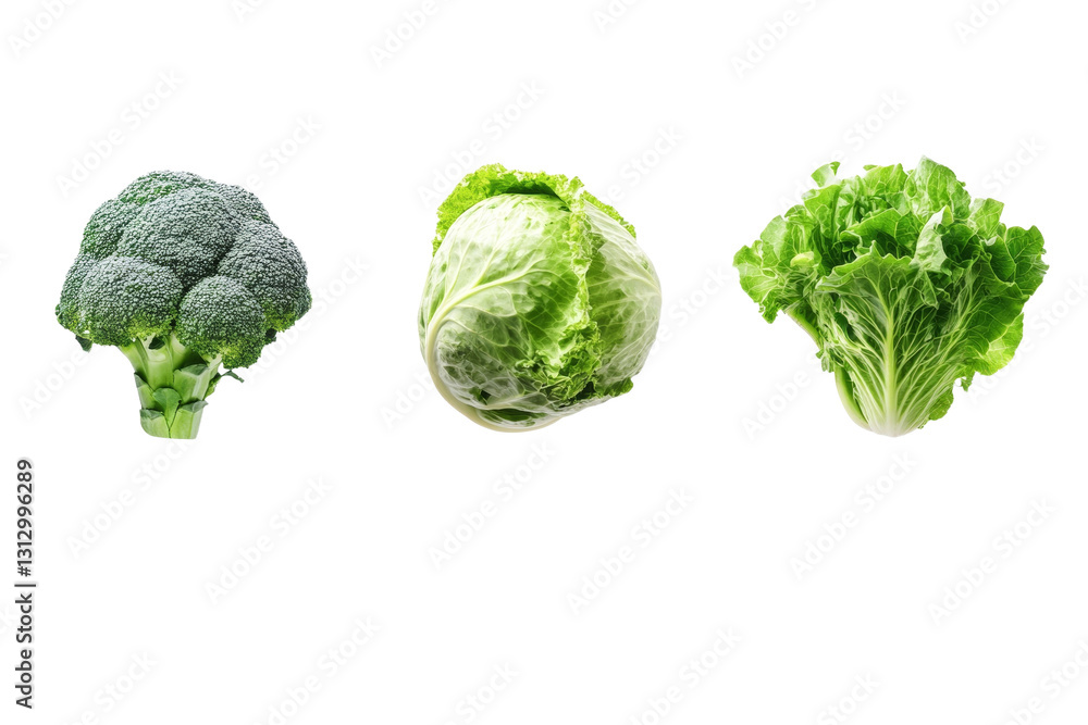 Fototapeta premium Three different types of green vegetables are shown in a row, isolated