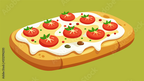 Soft chewy focaccia bread topped with melted mozzarella fresh tomatoes and a balsamic glaze.. Vector illustration