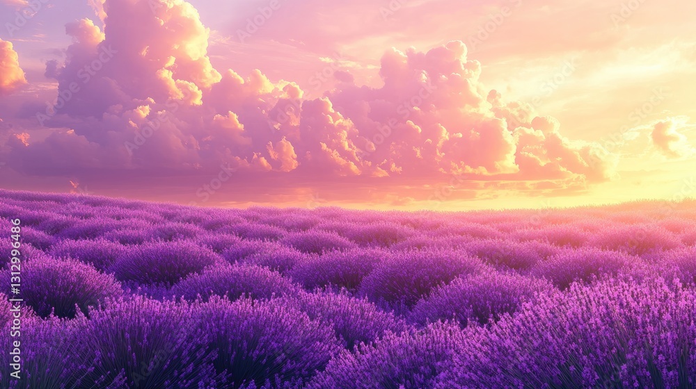 Serene Lavender Fields Under Vibrant Sunset With Colorful Clouds and Lush Purple Blossoms Serene Lavender Fields Under Vibrant Sunset With Colorful Clouds and Lush Purple Blossoms