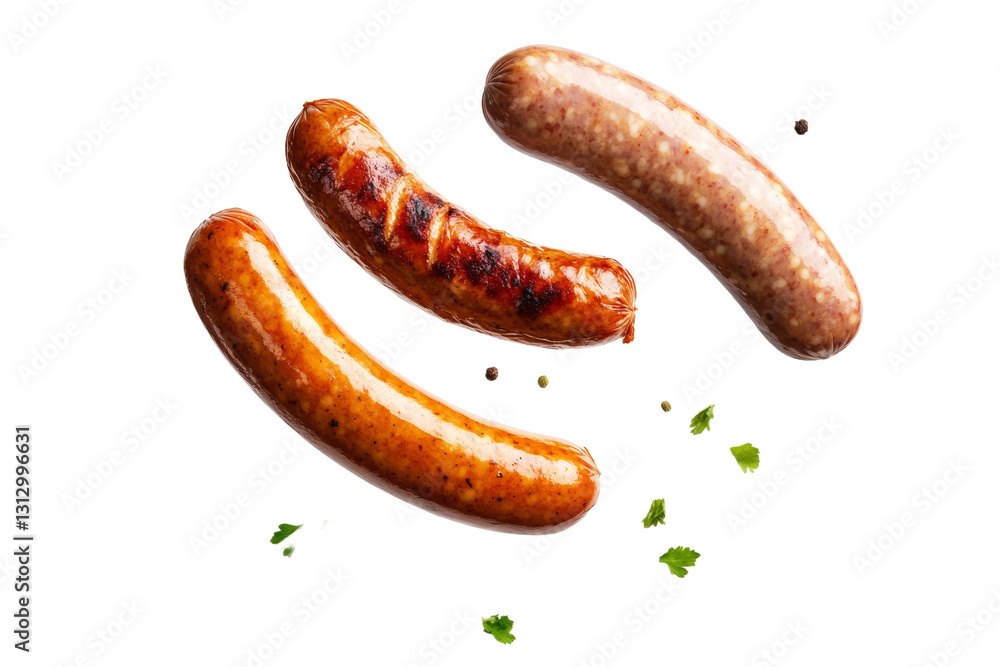 Three hot dogs are shown with a pile of parsley on top, isolated