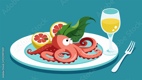 Succulent bites of grilled octopus served with a drizzle of lemon aioli the perfect pairing for a refreshing and citrusy glass of Albariño.. Vector illustration