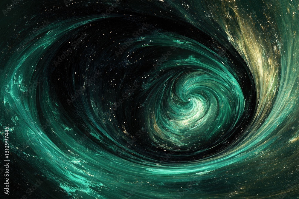 A mesmerizing cosmic swirl of teal and gold nebulae in deep space creating a breathtaking vortex A mesmerizing cosmic swirl of teal and gold nebulae in deep space creating a breathtaking vortex