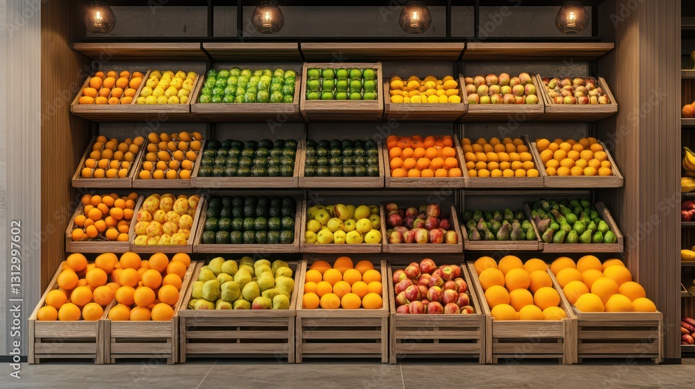 custom made wallpaper toronto digitalFresh fruit market display, produce abundance, wooden crates, store interior