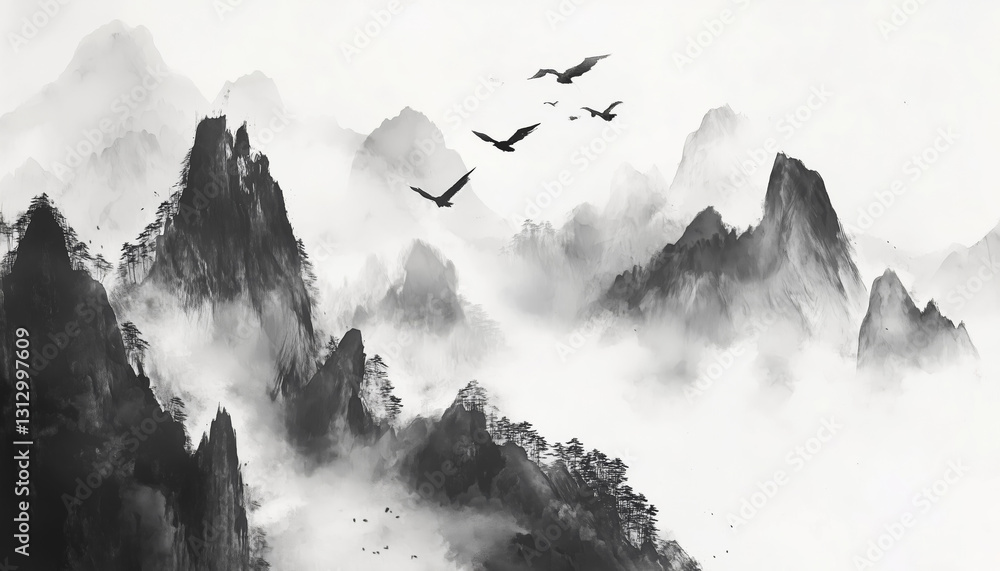 Obraz premium Ancient Chinese ink style painting of majestic mountains with delicate brush strokes capturing traditional beauty and serene atmosphere evoking timelessness and cultural heritage of China