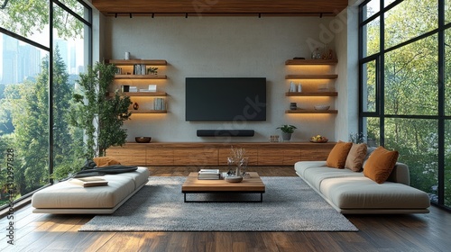 Modern living room with cozy seating, wooden accents, and large windows offering greenery views.