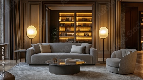 Modern living room with elegant furniture and ambient lighting.