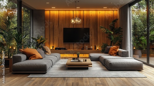 Modern living room with cozy seating, wooden accents, and lush greenery.