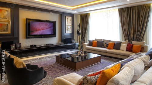 Modern living room with elegant furniture and vibrant decor.