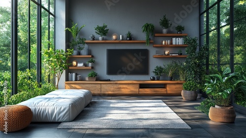 Modern living room with greenery, a TV, and natural light.