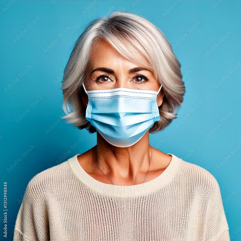 mature lady wearing a blue medical mask