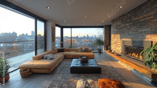 Modern living room with large windows showcasing a city skyline and cozy furnishings.