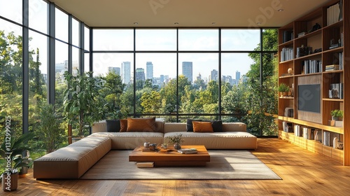 Modern living room with large windows showcasing a cityscape and greenery.