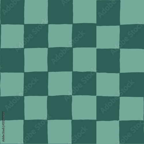 Checkerboard seamless vector repeat pattern in tonal teal greens. Hand drawn imperfect checker for tropical, mens designs, packaging, fabric, St Patricks, Christmas, spring, gardening.