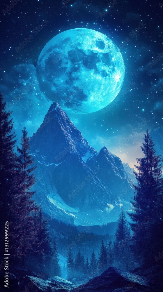 Fototapeta premium A large blue moon shines above majestic mountains and trees