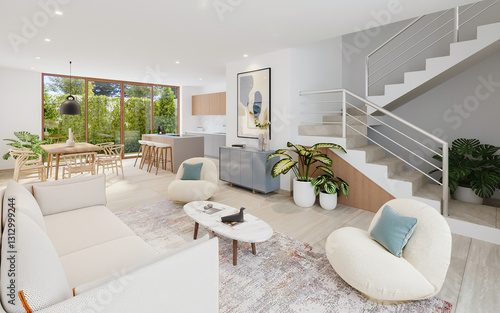 Sala de apartamento moderno con vista al patio, 3d render