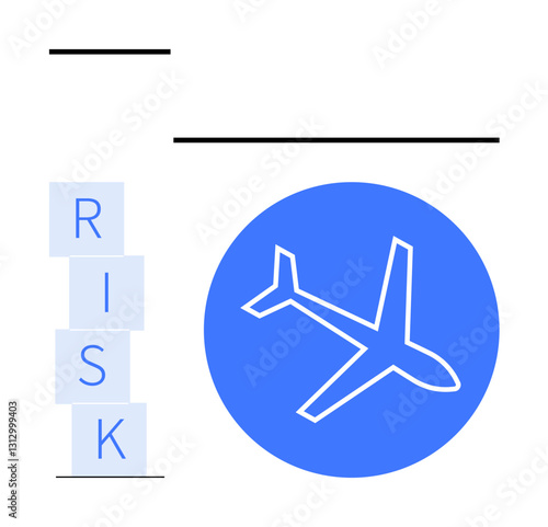 Airplane inside blue circle next to stacked RISK letters. Ideal for aviation safety, travel planning, accident analysis, risk management, logistics, transport, abstract line flat metaphor