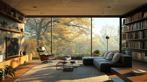 Modern living room with large windows showcasing autumn foliage.