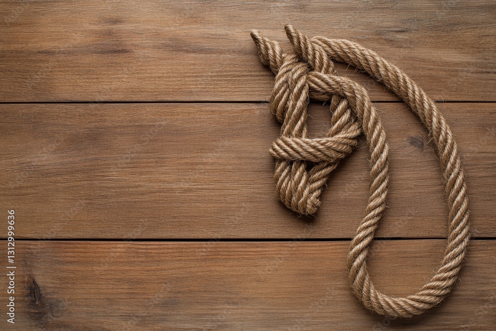 Rope tied in a knot on a wooden surface