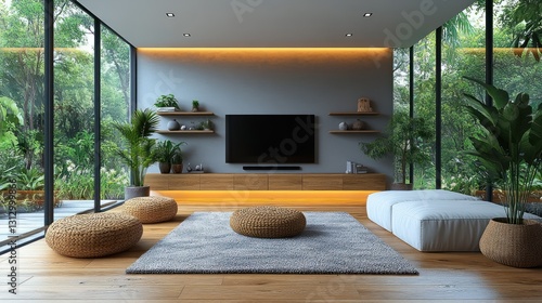 Modern living room with natural light, plants, and minimalist decor.