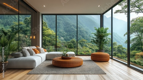Modern living room with panoramic mountain views and natural decor.