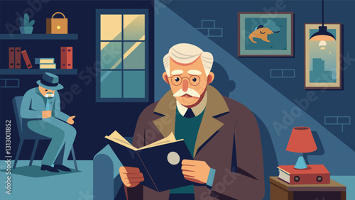 In a cozy corner of the senior center a retired homicide detective showcases his skills through interactive storytelling engaging other retirees in solving fictitious crimes that. Vector illustration