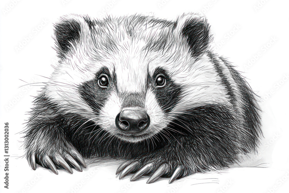 Fototapeta premium A detailed black and white drawing of a badger, done in a graphic style. 