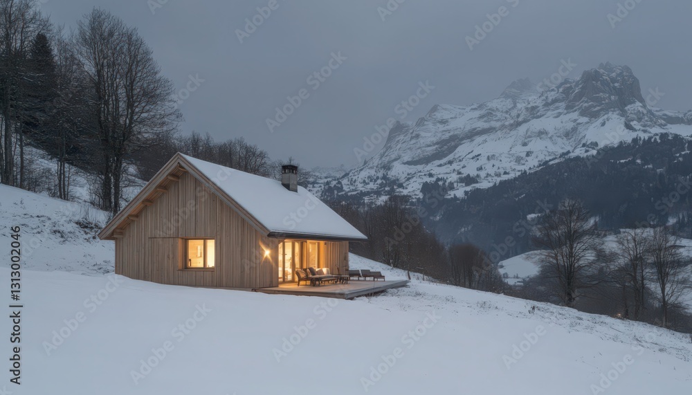 Illuminated Wooden Cabin in Snowy Mountain Landscape at Dusk Illuminated Wooden Cabin in Snowy Mountain Landscape at Dusk