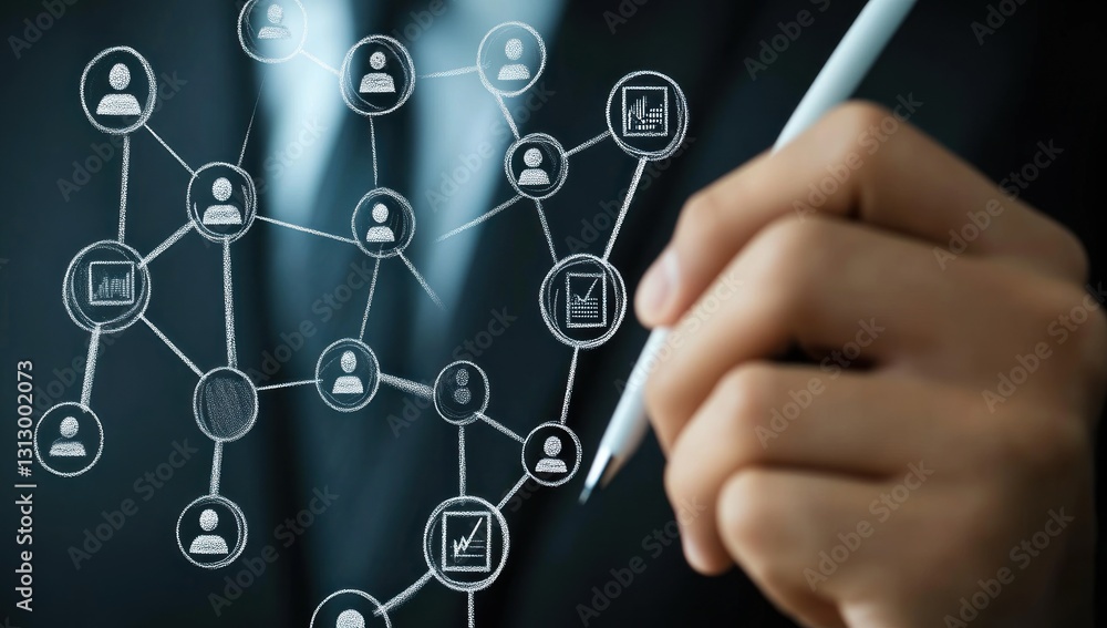 Person using stylus to interact with digital network of icons representing people, data, and documents. Person using stylus to interact with digital network of icons representing people, data, and documents.