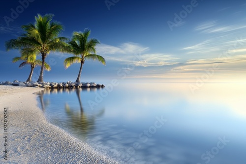 Two palm trees are on a beach next to a body of water
