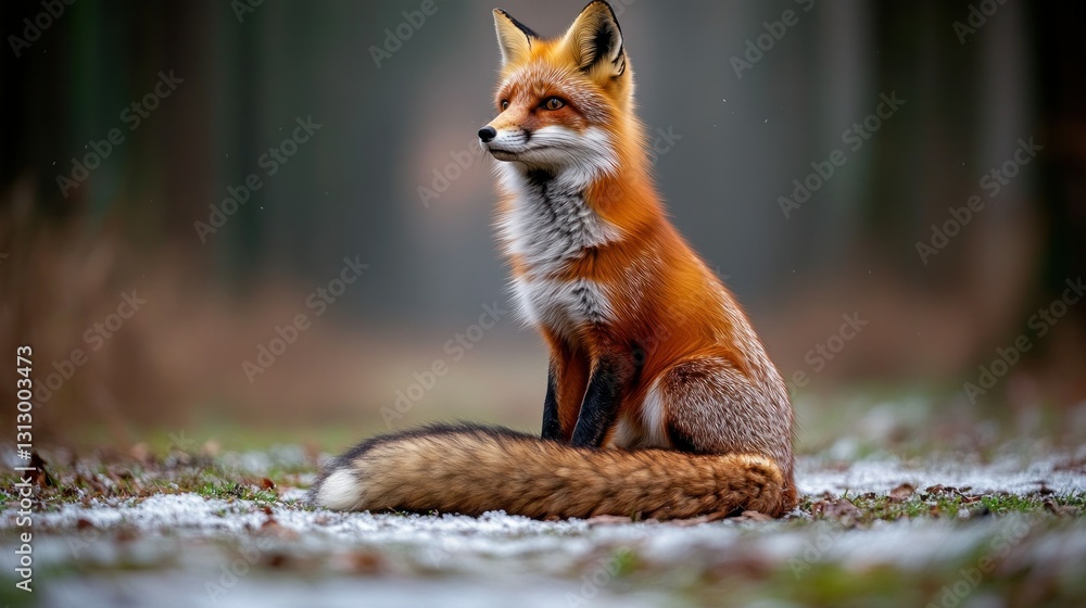 Fototapeta premium Red Fox Sitting in Snowy Forest