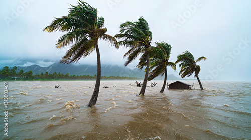 Palm Trees and Hut Submerged During a Storm Flood Devastation on Tropical Island Shoreline photo